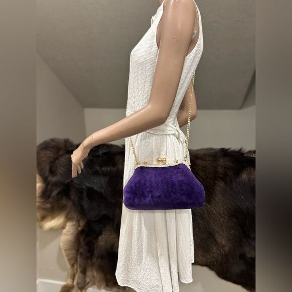 Purple Handmade Genuine Shearling Kisslock Top Handle bag/Shoulder Bag/Crossbody - Picture 12 of 16